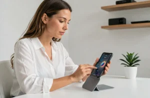 Femme utilisant un smartphone pliable dernier cri dans un bureau moderne minimaliste