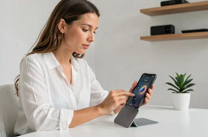 Femme utilisant un smartphone pliable dernier cri dans un bureau moderne minimaliste
