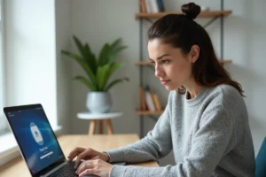 Femme en pull gris regardant la progression de synchronisation OneDrive sur un ordinateur portable dans un bureau à domicile