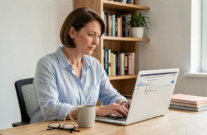 Femme utilisant le webmail Convergence Montpellier sur un ordinateur portable dans un bureau à domicile