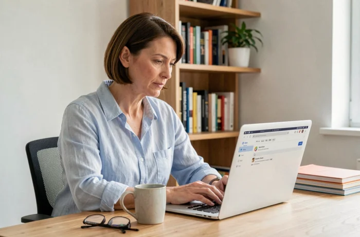 Femme utilisant le webmail Convergence Montpellier sur un ordinateur portable dans un bureau à domicile