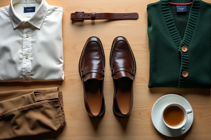 Flat lay de chaussures mocassins marron chocolat associées à des vêtements tendance sur fond de bois clair pour guide de style