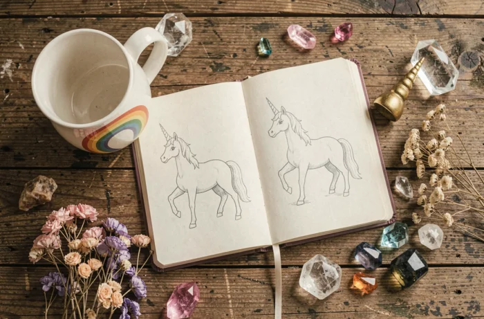 Composition à plat d'objets inspirés de la licorne sur une table en bois rustique, incluant un carnet illustré, des cristaux et une figurine dorée