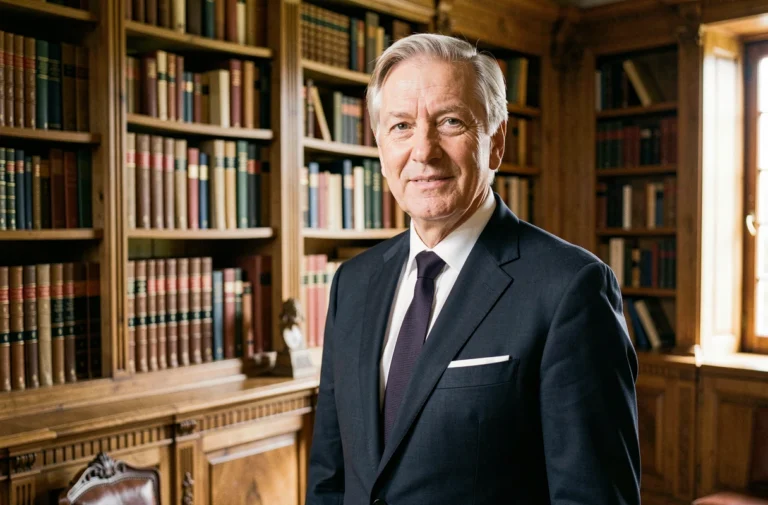 Portrait d'un homme politique français senior en costume sombre dans une bibliothèque de château, illustrant le patrimoine et la fortune d'une figure politique française
