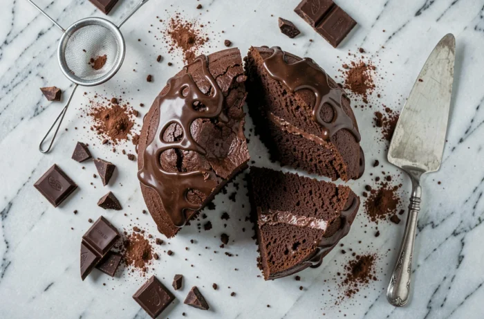 Vue de dessus d'un gâteau au chocolat tranché sur marbre blanc entouré d'ingrédients gourmands