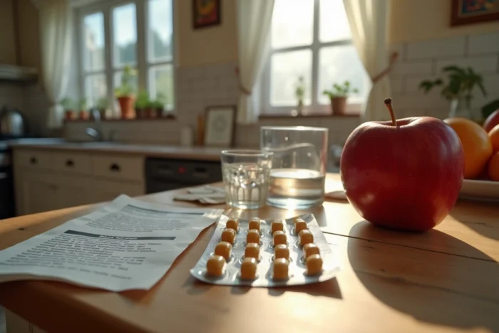 Gélules de complément minceur posées sur un comptoir de cuisine à côté d'une pomme et d'une notice d'effets indésirables