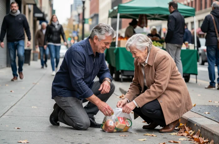 Homme aidant une personne âgée dans la rue, illustrant la générosité et la bienveillance comme qualités humaines essentielles