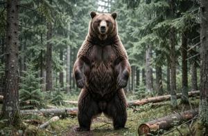 Grizzly debout sur ses pattes arrière dans une forêt boréale dense, montrant sa bosse caractéristique et son profil facial concave