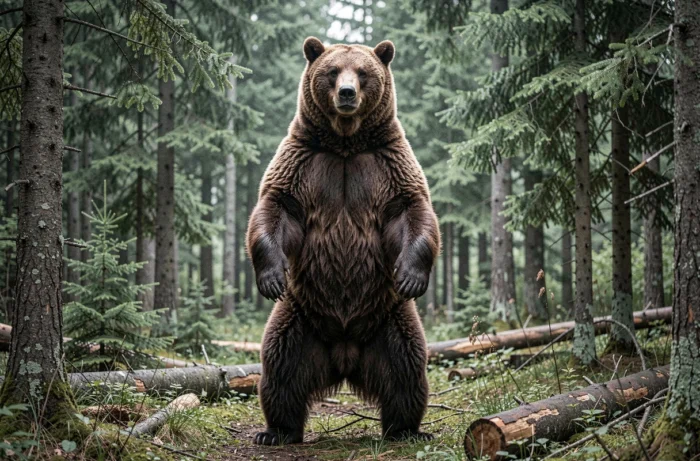 Grizzly debout sur ses pattes arrière dans une forêt boréale dense, montrant sa bosse caractéristique et son profil facial concave