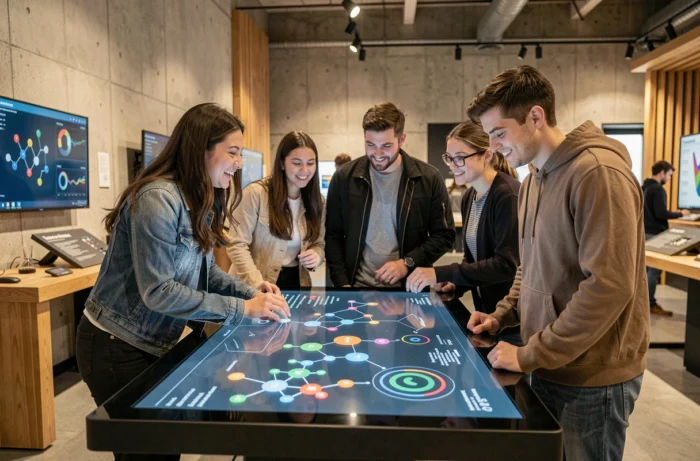Groupe de jeunes adultes explorant des visualisations scientifiques sur un écran interactif dans un musée des sciences
