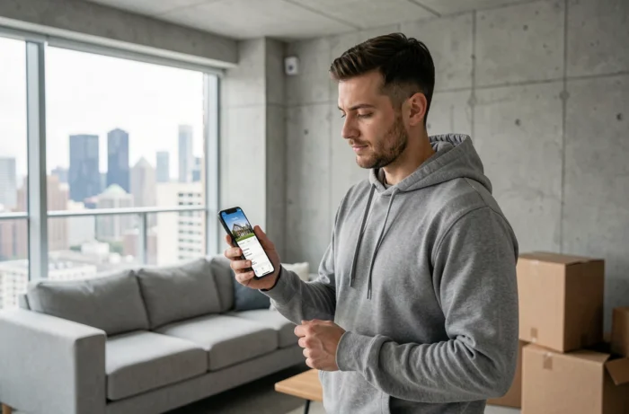 Homme consultant une application de location immobilière sur smartphone dans un appartement moderne avec vue urbaine