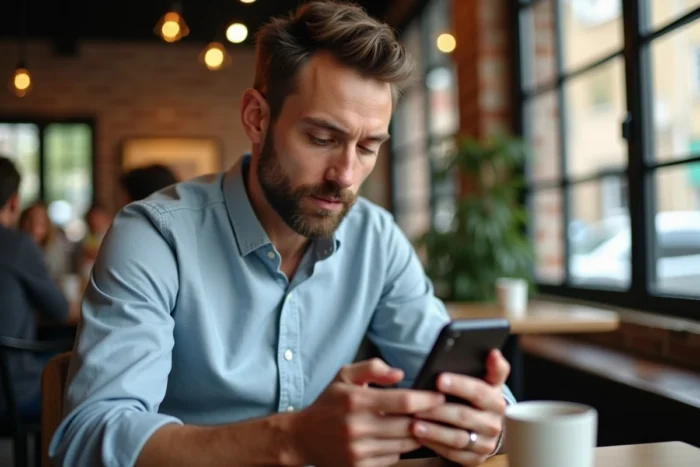 Un homme utilise l'application mobile de services bancaires Mister Cash dans un café urbain
