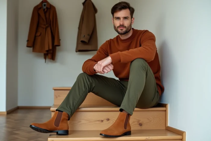 Homme en bottines Chelsea marron suède avec pantalon olive et pull rouille dans un intérieur scandinave minimaliste