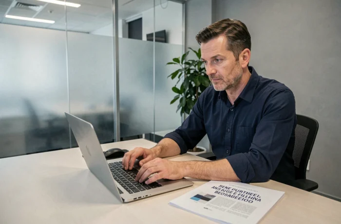 Homme au bureau consultant un guide de style linguistique français tout en tapant sur son ordinateur, représentant la vérification des règles grammaticales et orthographiques