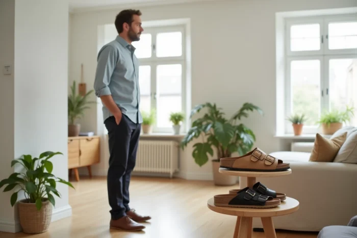 Homme examinant deux paires de sandales orthopédiques Scholl et Birkenstock posées sur une étagère en bois dans un appartement scandinave