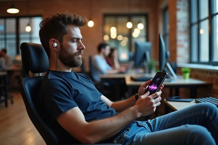 Homme utilisant un convertisseur audio MP3 sur smartphone dans un espace de coworking moderne