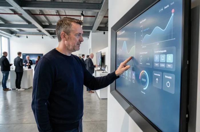 Homme interagissant avec un grand écran tactile interactif dans un showroom technologique contemporain