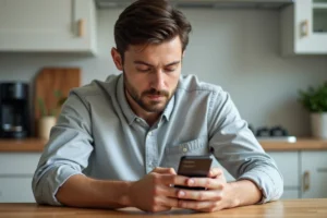 Homme consultant sa facture Free Mobile sur smartphone à la maison