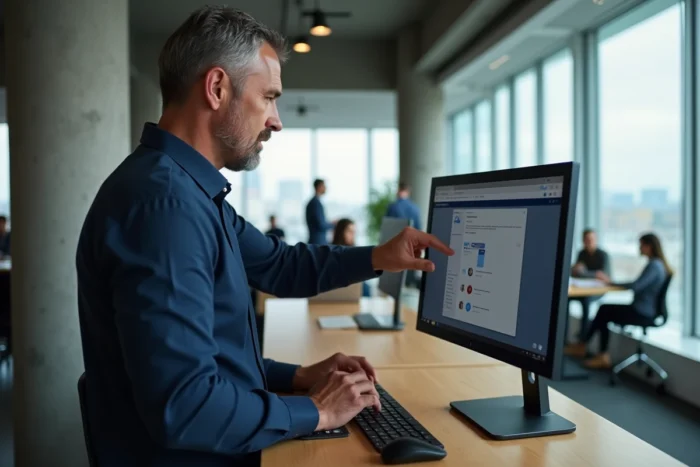 Homme en chemise bleue forçant la synchronisation OneDrive via l'icône de la barre des tâches dans un bureau en open space