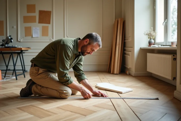 Homme mesurant des planches de parquet en bois dans un appartement haussmannien en cours de rénovation