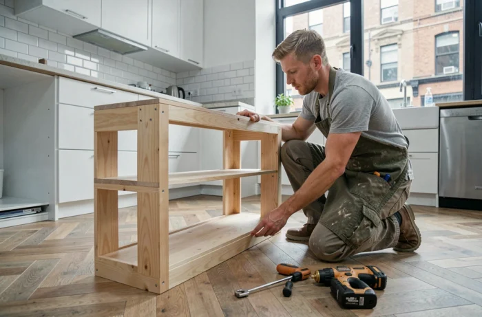 Homme assemblant une étagère en bois dans une cuisine moderne lors de travaux d'aménagement