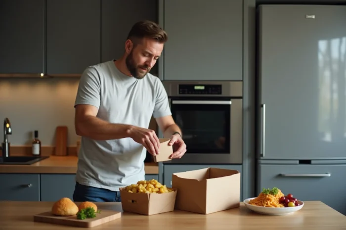 Homme préparant un repas surgelé dans sa cuisine à domicile, ouvrant une boîte de produit surgelé