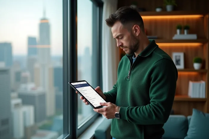 Homme vérifiant son abonnement et sa facturation Free Mobile sur tablette dans son salon