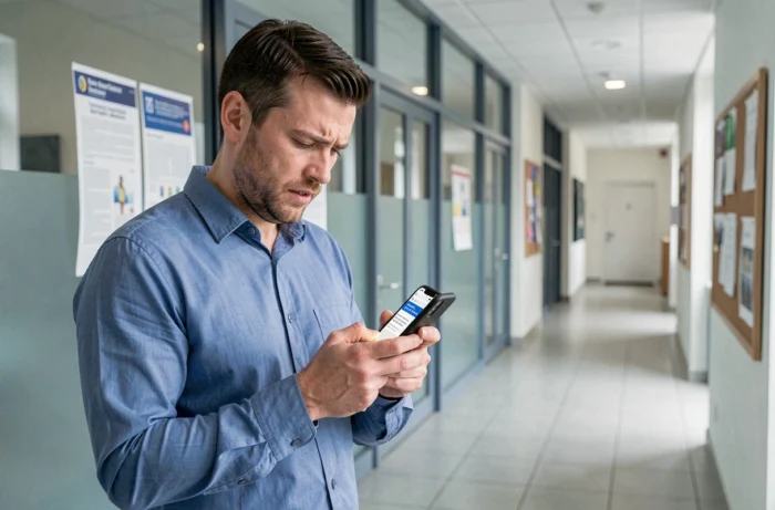 Homme consultant l'état de la plateforme Arena Académie Montpellier sur son smartphone dans un couloir universitaire