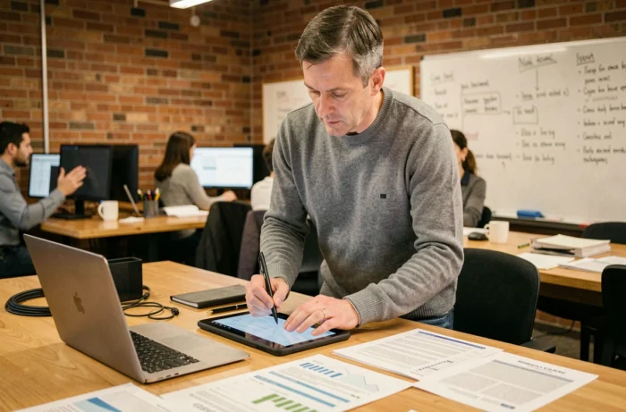 Homme utilisant une tablette et un ordinateur portable dans un espace de coworking pour optimiser son organisation et sa productivité bureautique