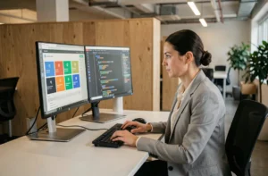 Développeuse web intégrant un outil tiers sur un tableau de bord numérique dans un bureau moderne