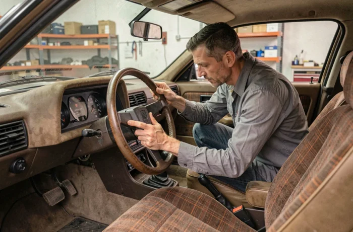 Intérieur restauré de la Renault 30 V8 avec sièges à carreaux d'époque et tableau de bord analogique