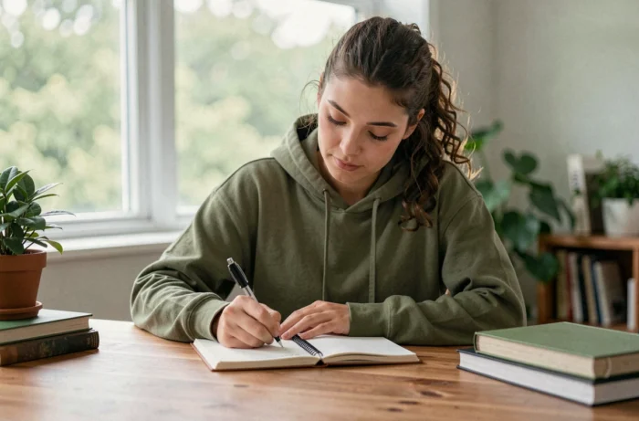 Jeune femme écrivant dans un journal intime à son bureau, symbolisant l'introspection et le développement des qualités personnelles