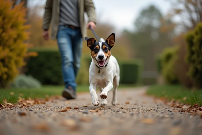 Jack Russell Terrier en promenade avec son propriétaire dans un jardin, illustrant l'importance de l'exercice pour sa santé