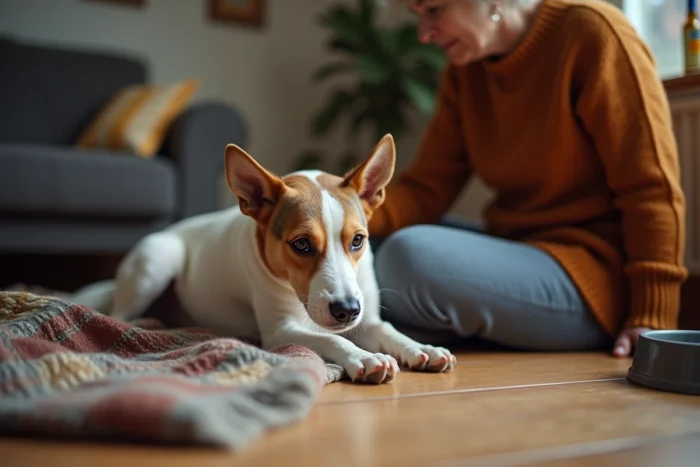 Femme âgée veillant sur son vieux Jack Russell Terrier avec des médicaments à proximité, évoquant les soins palliatifs et la prévention des maladies