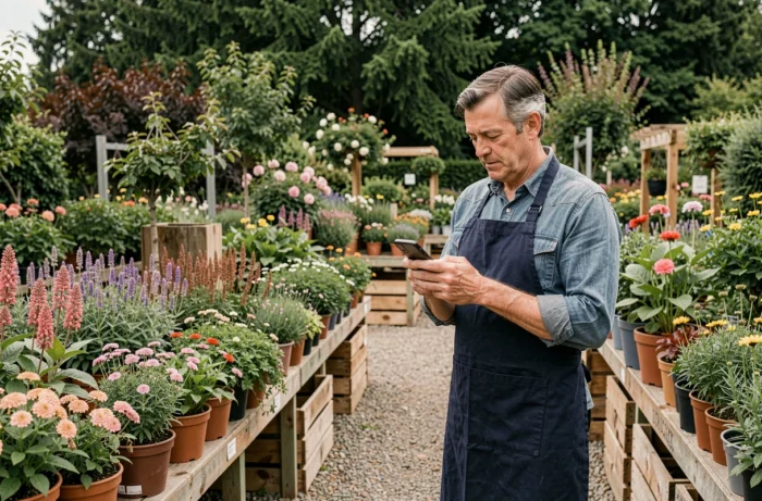 Jardinier consultant son téléphone dans une pépinière pour répondre aux messages de contact client