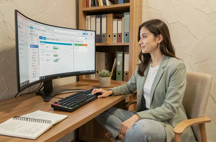 Jeune femme organisée dans un bureau à domicile utilisant un moniteur incurvé et des outils bureautiques pour gérer ses projets quotidiens