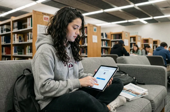 Jeune femme se connectant au webmail Convergence Montpellier sur une tablette dans une bibliothèque universitaire