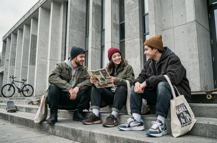 Groupe de jeunes adultes en tenue streetwear discutant sur les marches d'un centre culturel brutaliste