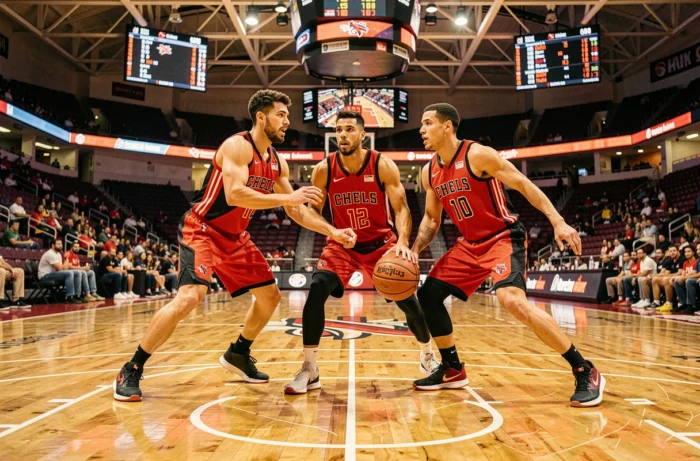 Joueurs de basketball professionnels en action lors d'un match en salle dans une arène sportive moderne