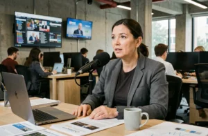 Journaliste engagée présentant une émission en direct dans une rédaction moderne de chaîne d'information alternative française
