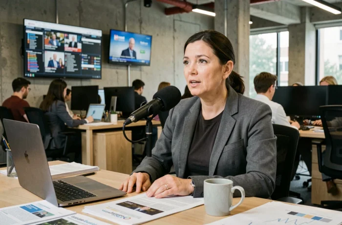 Journaliste engagée présentant une émission en direct dans une rédaction moderne de chaîne d'information alternative française