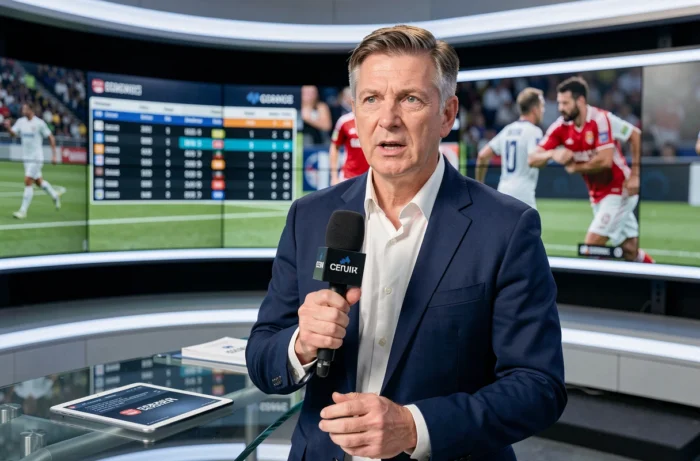 Journaliste sportif en studio de télévision présentant les dernières actualités et tendances du sport