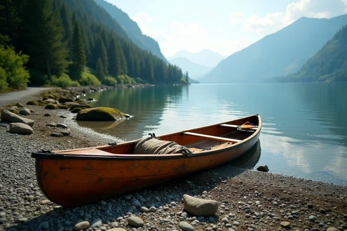 Kayak en bois échoué sur une plage isolée du lac du Bourget entourée de forêts et de montagnes savoyardes