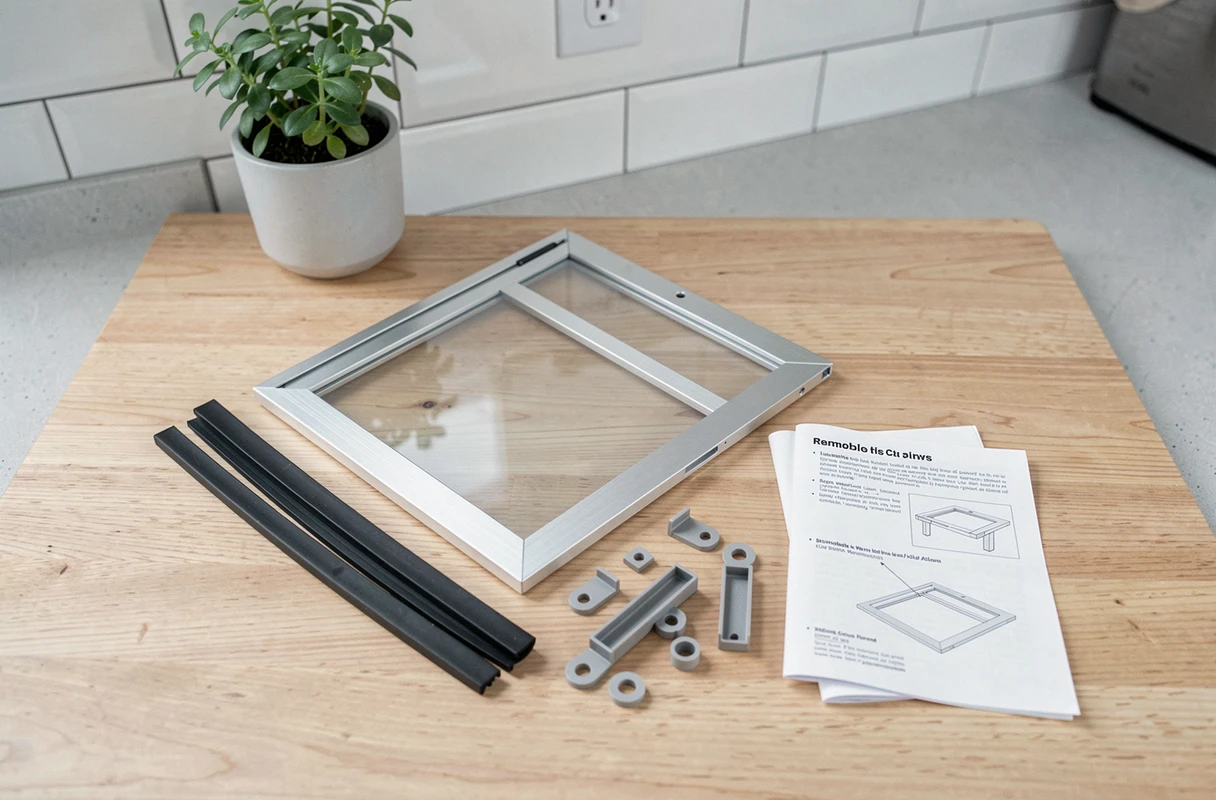 Kit de chatière amovible démontable posé sur une table en bois avec ses accessoires d'installation pour porte-fenêtre en location