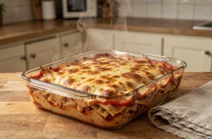Plat de lasagnes réchauffées au four dans un plat en verre avec fromage fondu doré et vapeur, posé sur un plan de travail en bois