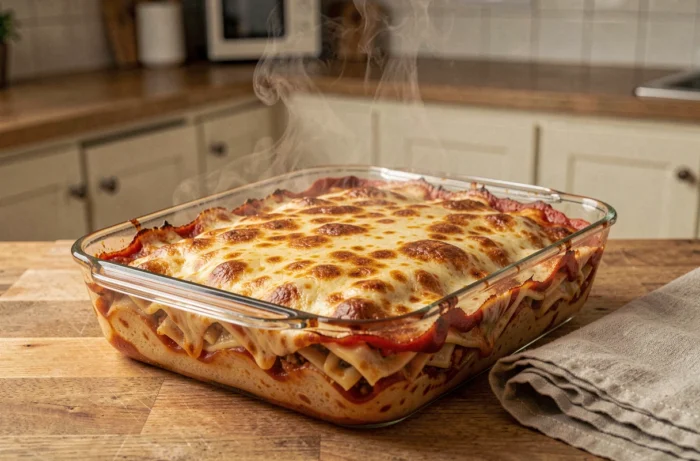 Plat de lasagnes réchauffées au four dans un plat en verre avec fromage fondu doré et vapeur, posé sur un plan de travail en bois
