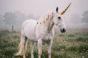 Licorne blanche majestueuse dans une prairie brumeuse parsemée de fleurs sauvages, symbole de magie et d'imaginaire