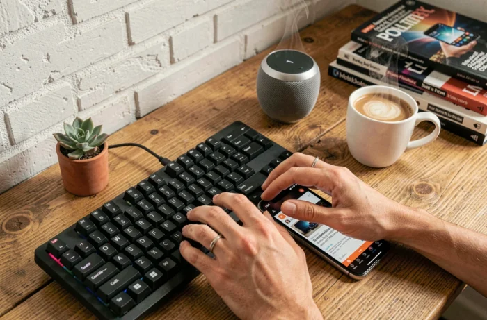 Mains tapant sur un clavier mécanique entouré d'appareils connectés et d'un café dans un espace de travail à domicile