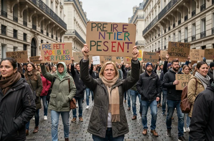Manifestation citoyenne dans une rue parisienne avec des pancartes revendicatives
