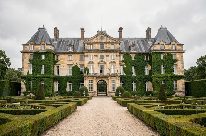 Vue extérieure d'un manoir aristocratique français en pierre avec jardins soignés, symbolisant la fortune et le patrimoine immobilier d'une personnalité politique française